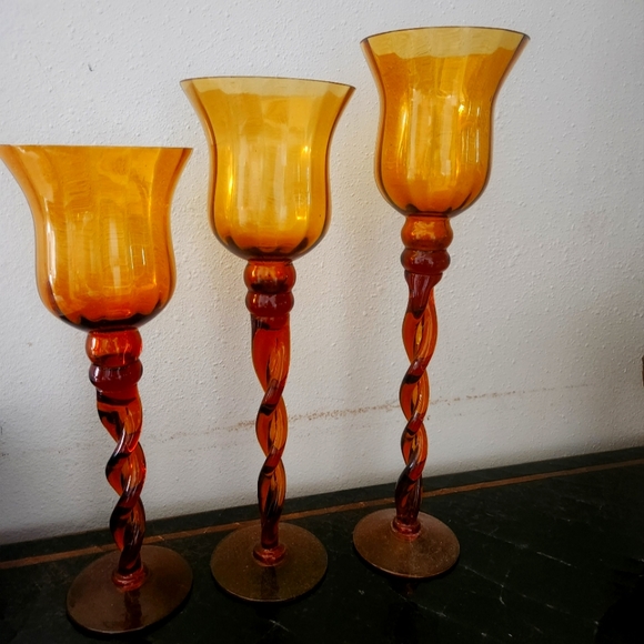 Vintage Amber Italian Empoli Glass Pedestal Hurricane Candle Holder Brown - Picture 1 of 1